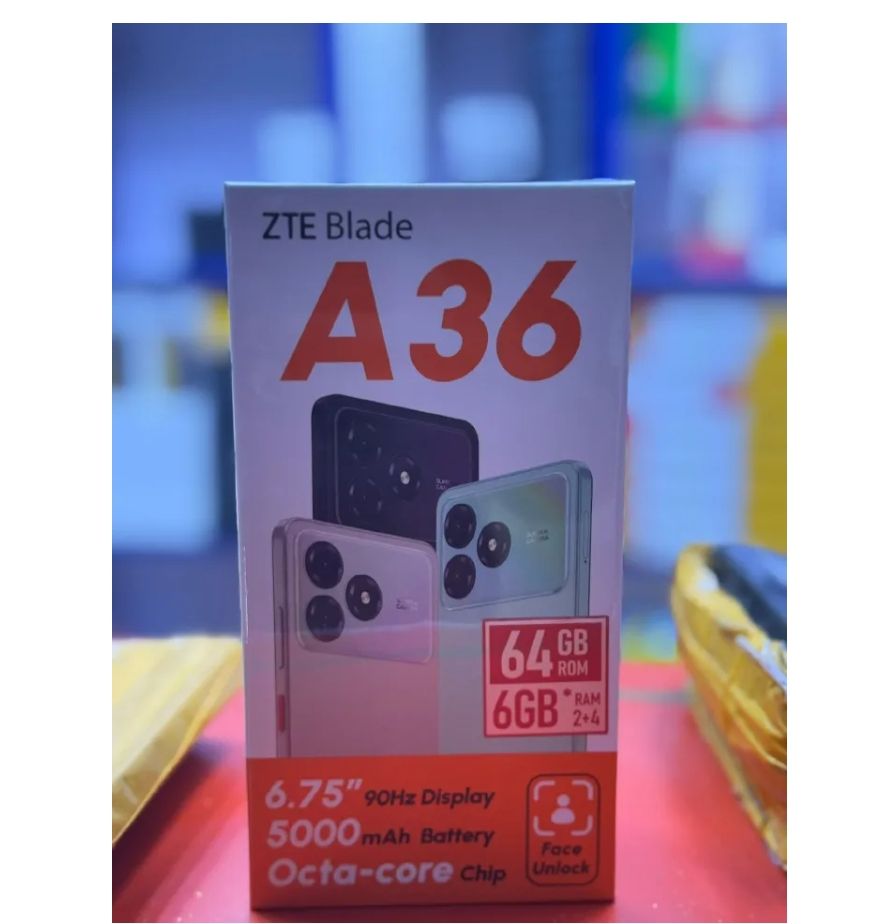 ZTE Blade A36 64GB ROM + 6GB (2+4GB EXTENDED RAM)6.75``HD+ screen display with 90Hz Refresh rate 13mp rear camera 5.0mp selfie 5000mAh battery capacity Dual SIM 4G Android 15 Smartphone