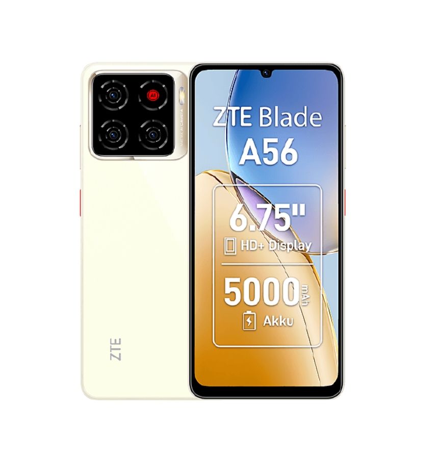 ZTE Blade A56 128GB ROM + 12GB (4+8GB EXTENDED RAM)6.75``HD+ screen display with 90Hz Refresh rate 13mp rear camera 5.0mp selfie 5000mAh battery capacity Dual SIM 4G Android 15 Smart Phones