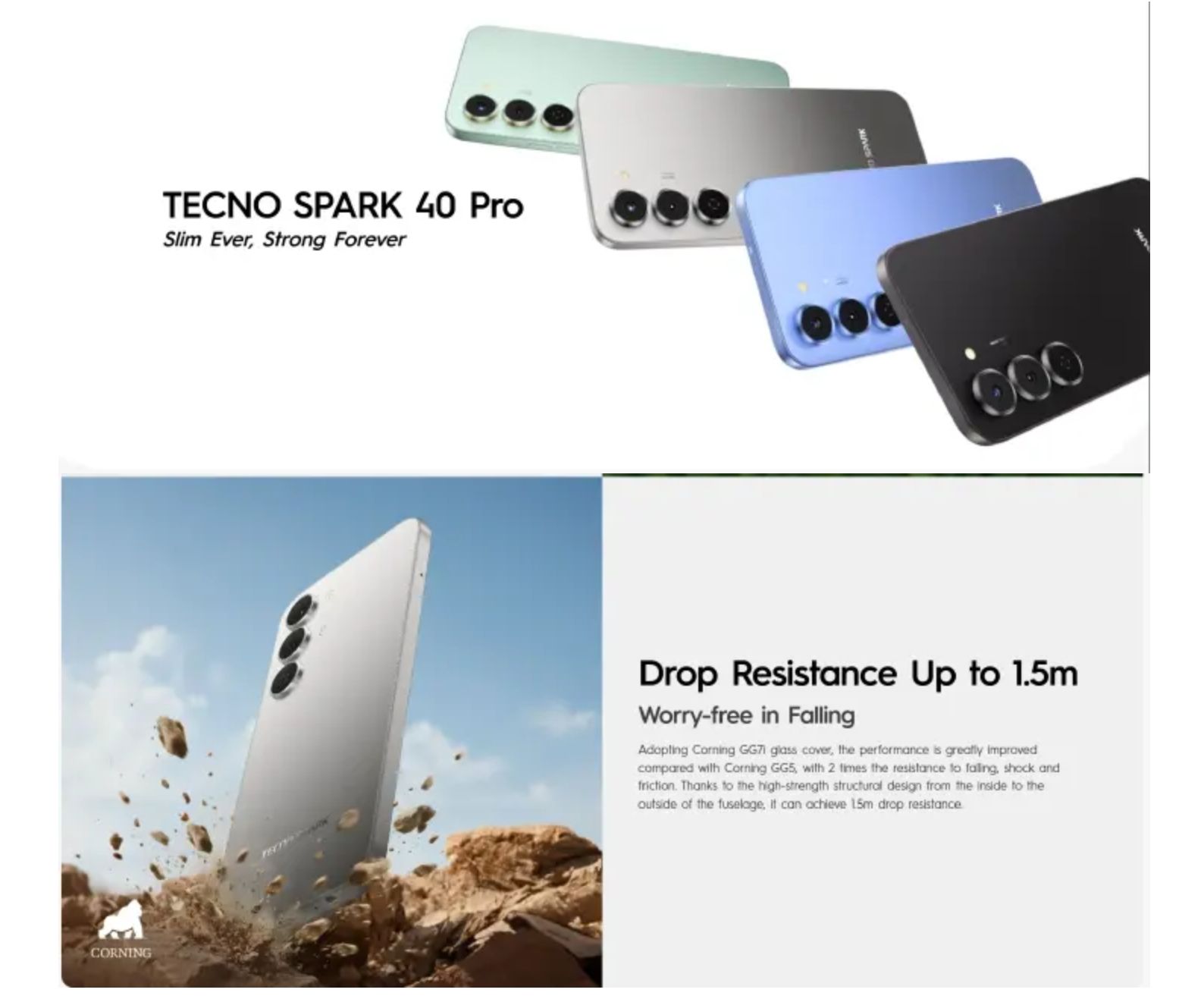 TECNO Spark 40 Pro 128GB+16(8+8)GB 6.78" 144Hz AMOLED Display 50+13MP Camera 5200mAh Battery 45W Fast Charge IP64 Dual SIM Corning Gorilla Glass 7i AI Android Smartphone MTK Helio G100