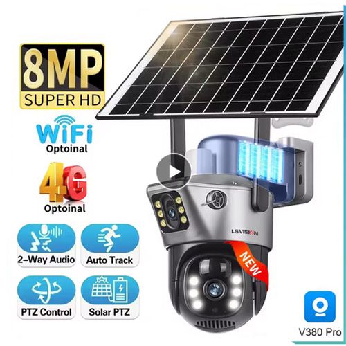 4K 8MP PIR Solar Camera 4G Sim Dual screens Outdoor WiFi Solar Battery CCTV IP Camara Alarm Humanoid Tracking V380 Pro