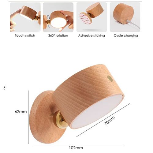 Wood Battery operated rechargeable wall lamp wireless light cordless lighting indoor magnetic bed bedside decor bedroom sconce