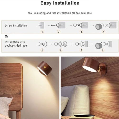 Wood Battery operated rechargeable wall lamp wireless light cordless lighting indoor magnetic bed bedside decor bedroom sconce