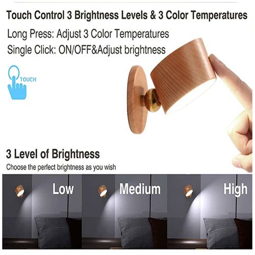 Wood Battery operated rechargeable wall lamp wireless light cordless lighting indoor magnetic bed bedside decor bedroom sconce