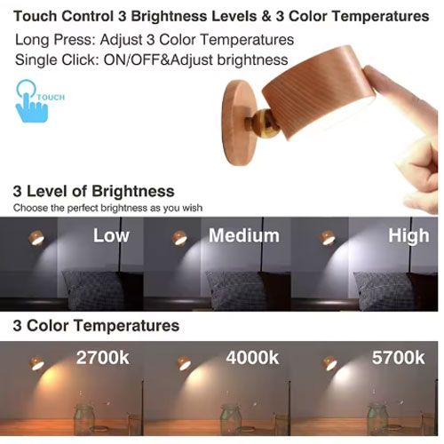 Wood Battery operated rechargeable wall lamp wireless light cordless lighting indoor magnetic bed bedside decor bedroom sconce