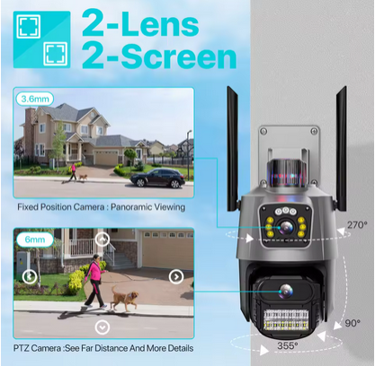 Outdoor Wifi PTZ Camera 4K 8MP HD Dual-Lens Dual Screen Camera AI Auto Tracking 4MP Video Surveillance Police Light Alarm iCSee