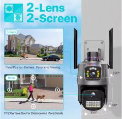 Outdoor Wifi PTZ Camera 4K 8MP HD Dual-Lens Dual Screen Camera AI Auto Tracking 4MP Video Surveillance Police Light Alarm iCSee