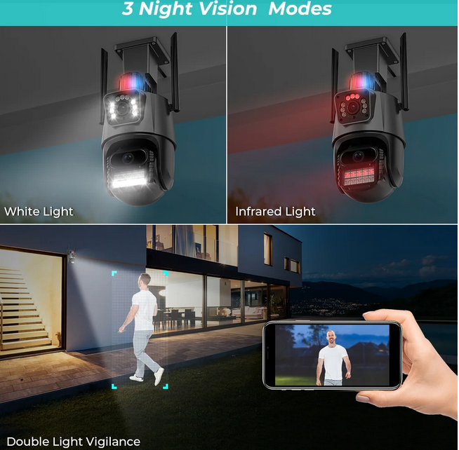 Outdoor Wifi PTZ Camera 4K 8MP HD Dual-Lens Dual Screen Camera AI Auto Tracking 4MP Video Surveillance Police Light Alarm iCSee