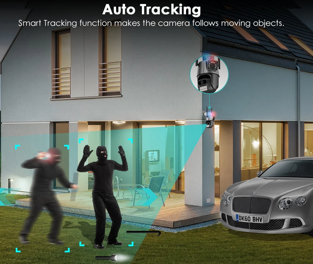 Outdoor Wifi PTZ Camera 4K 8MP HD Dual-Lens Dual Screen Camera AI Auto Tracking 4MP Video Surveillance Police Light Alarm iCSee