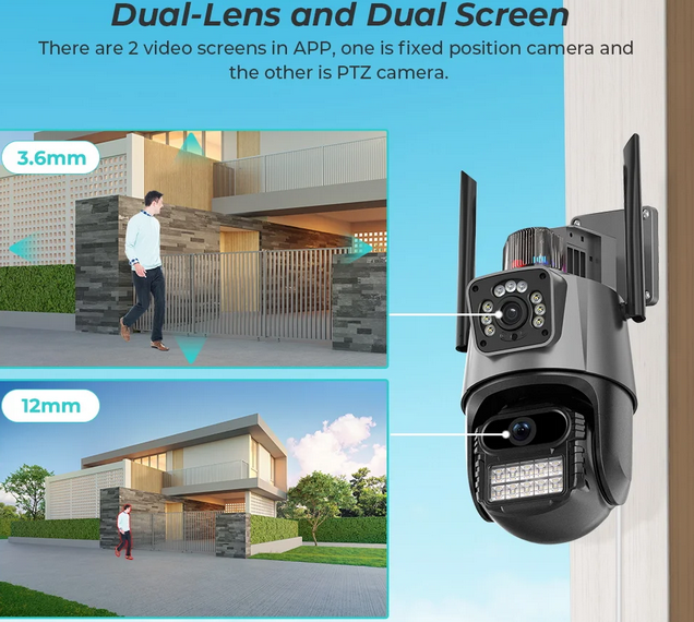 Outdoor Wifi PTZ Camera 4K 8MP HD Dual-Lens Dual Screen Camera AI Auto Tracking 4MP Video Surveillance Police Light Alarm iCSee