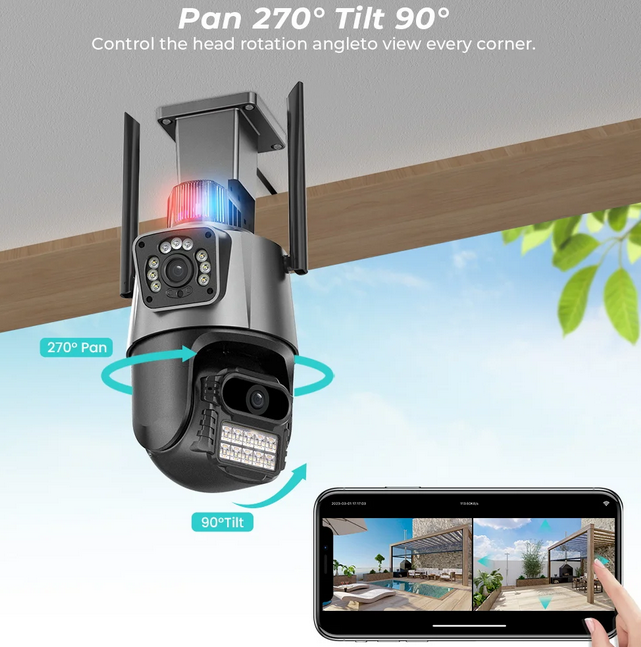 Outdoor Wifi PTZ Camera 4K 8MP HD Dual-Lens Dual Screen Camera AI Auto Tracking 4MP Video Surveillance Police Light Alarm iCSee