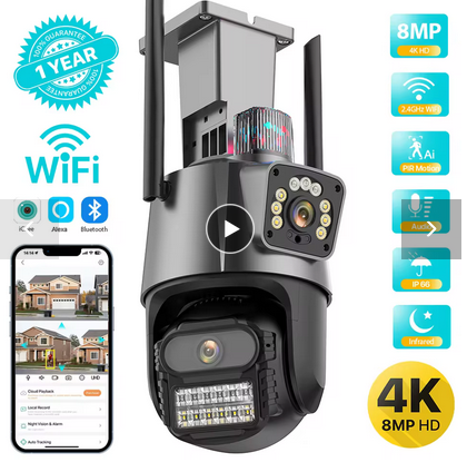 Outdoor Wifi PTZ Camera 4K 8MP HD Dual-Lens Dual Screen Camera AI Auto Tracking 4MP Video Surveillance Police Light Alarm iCSee