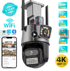Outdoor Wifi PTZ Camera 4K 8MP HD Dual-Lens Dual Screen Camera AI Auto Tracking 4MP Video Surveillance Police Light Alarm iCSee