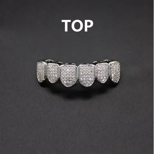 Teeth Grillz Set for Unisex Top Bottom Mouth Silver Color Teeth Grills Tooth Cap Removable Dental Fashion Body Jewelry( TOP+BOTTOM)