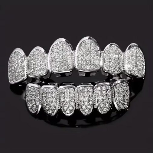 Teeth Grillz Set for Unisex Top Bottom Mouth Silver Color Teeth Grills Tooth Cap Removable Dental Fashion Body Jewelry( TOP+BOTTOM)