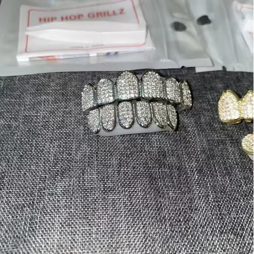 Teeth Grillz Set for Unisex Top Bottom Mouth Silver Color Teeth Grills Tooth Cap Removable Dental Fashion Body Jewelry( TOP+BOTTOM)