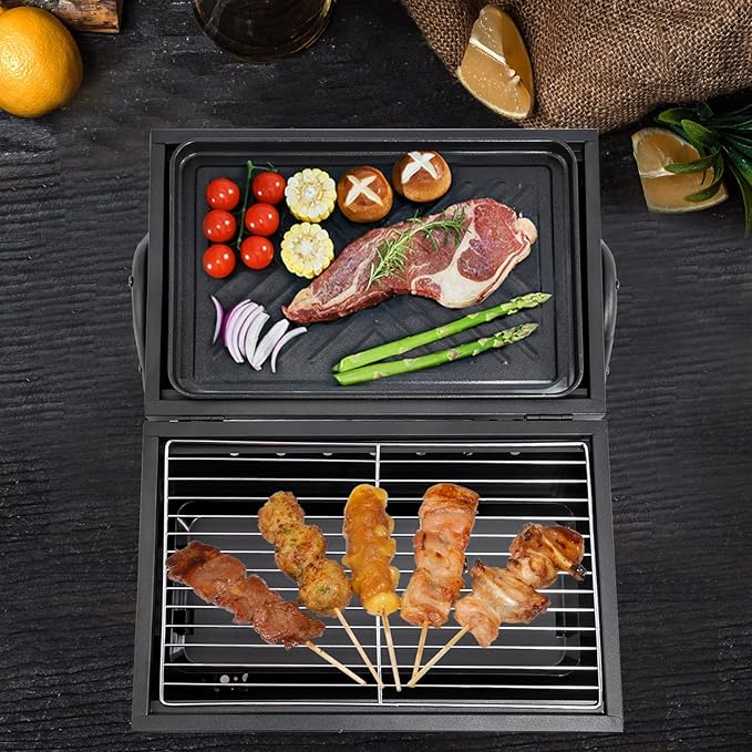 Tabletop Charcoal Grill,BBQ Grill,Portable Charcoal Grill,Small Folding Tabletop Grill for Outdoor Cooking Camping,Picnics,Backyard,Balcony-White,2 Carbon Tank,2 Baking Net,1 Baking Pan