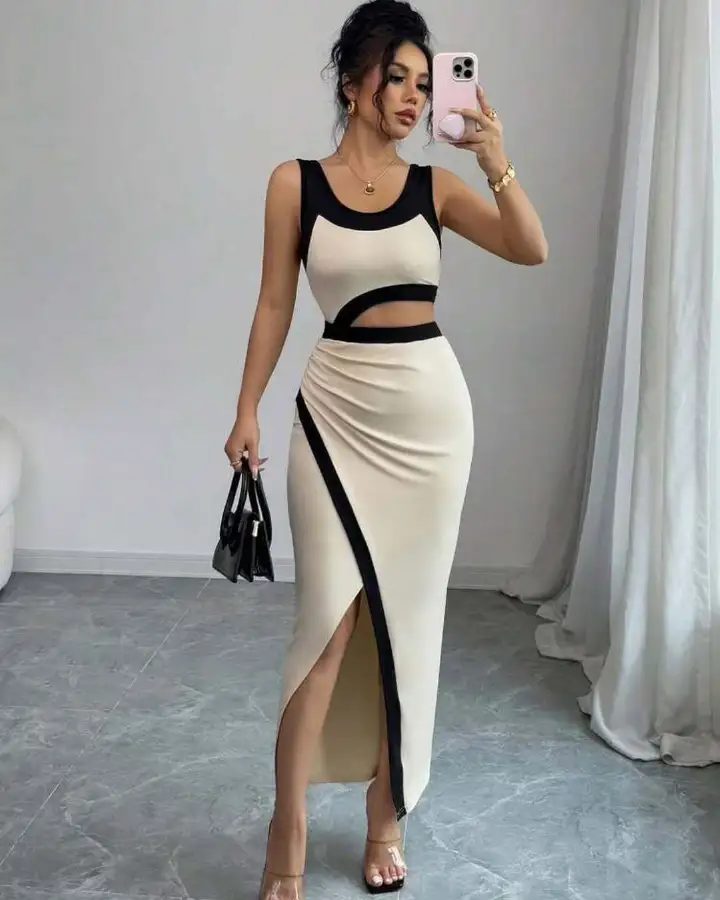 New spring and summer European and American fashion temperament U-neck split bag hip exposed waist slimming patchwork women's dress flowing ornament desktop fountain crafts office flowing fountain