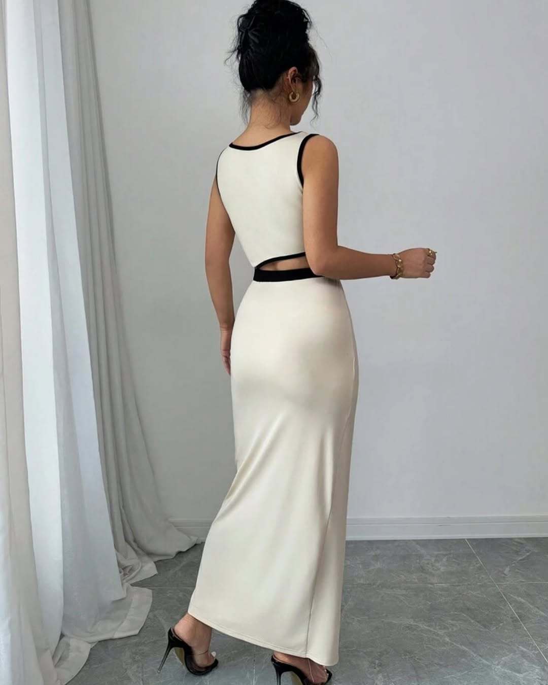 New spring and summer European and American fashion temperament U-neck split bag hip exposed waist slimming patchwork women's dress flowing ornament desktop fountain crafts office flowing fountain