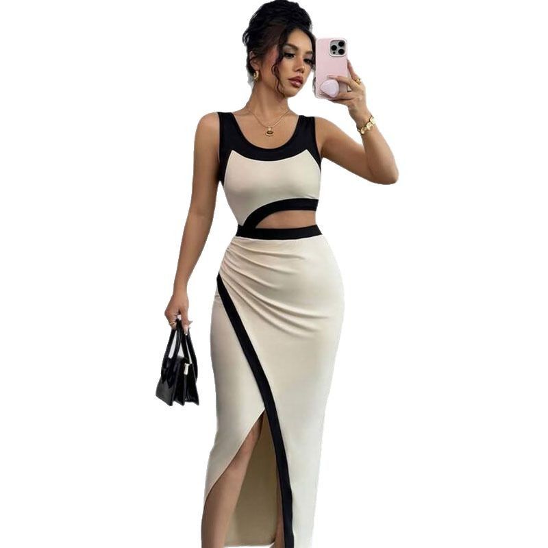 New spring and summer European and American fashion temperament U-neck split bag hip exposed waist slimming patchwork women's dress flowing ornament desktop fountain crafts office flowing fountain