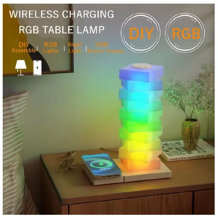 LED Creative Bedside Table Lamp Wireless Charger Creative Night Light Ambient Light RGB DIY Dimmable Nightstand Lamp Bedroom Dec
