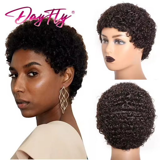 Short Afro Kinky Curly Hair Wigs For Black Women Human Hair African Fluffy Wig With Bangs Brazilian Pixie Cut Wigs Machine Made