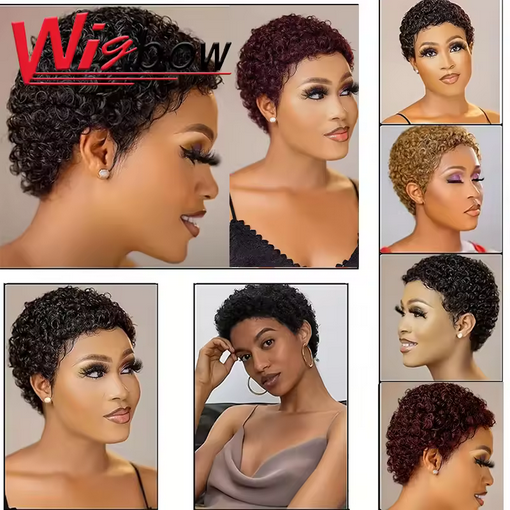 Short Afro Kinky Curly Hair Wigs For Black Women Human Hair African Fluffy Wig With Bangs Brazilian Pixie Cut Wigs Machine Made