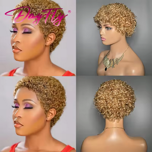 Short Afro Kinky Curly Hair Wigs For Black Women Human Hair African Fluffy Wig With Bangs Brazilian Pixie Cut Wigs Machine Made