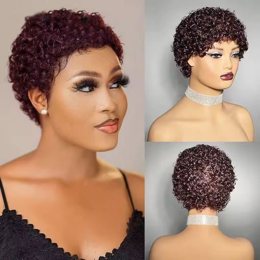 Short Afro Kinky Curly Hair Wigs For Black Women Human Hair African Fluffy Wig With Bangs Brazilian Pixie Cut Wigs Machine Made
