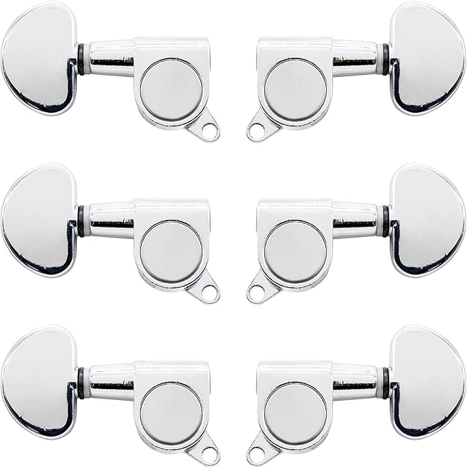 Hordion 6Pcs 3+3 Guitar Tuning Pegs, Chrome Guitar Tuners Machine Head Knobs, String Tuning Keys Set for Acoustic or Electric Guitar (Silver, 3 Left + 3 Right)