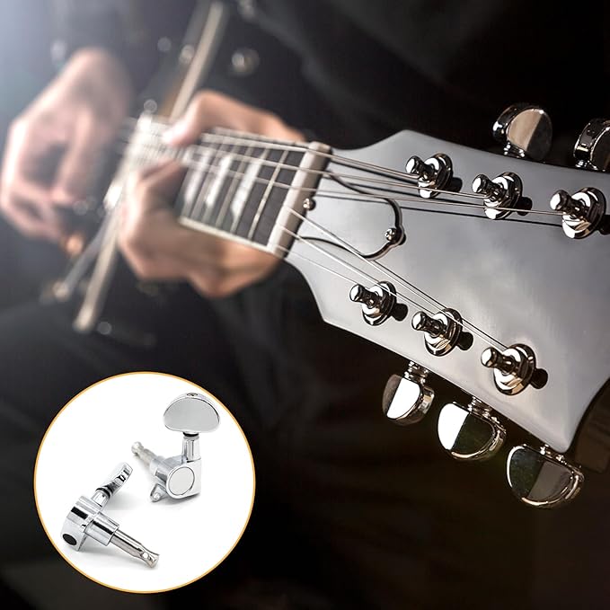 Hordion 6Pcs 3+3 Guitar Tuning Pegs, Chrome Guitar Tuners Machine Head Knobs, String Tuning Keys Set for Acoustic or Electric Guitar (Silver, 3 Left + 3 Right)