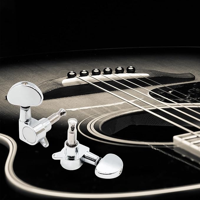 Hordion 6Pcs 3+3 Guitar Tuning Pegs, Chrome Guitar Tuners Machine Head Knobs, String Tuning Keys Set for Acoustic or Electric Guitar (Silver, 3 Left + 3 Right)