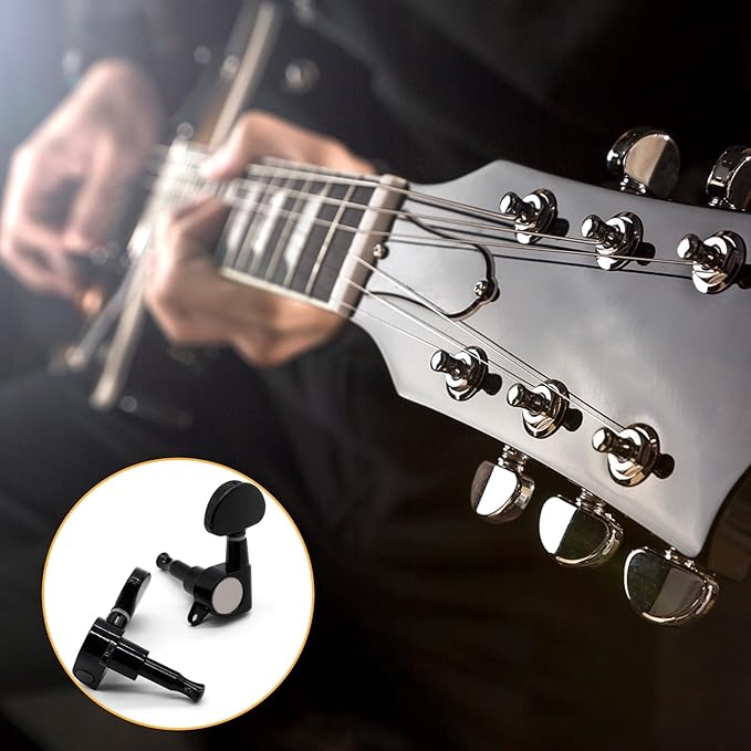 Hordion 6Pcs 3+3 Guitar Tuning Pegs, Chrome Guitar Tuners Machine Head Knobs, String Tuning Keys Set for Acoustic or Electric Guitar (Silver, 3 Left + 3 Right)