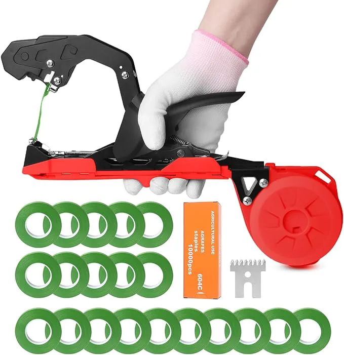 Plant Tying Machine with Green Tape, Tapener Tying Tool for Tomato, 420g Plant Tape Gun for Climbing Plants, 10000pcs Staples 20 Rolls Tape (Red)