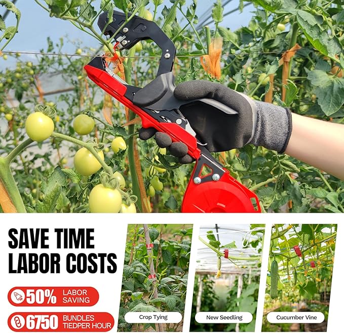 Plant Tying Machine with Green Tape, Tapener Tying Tool for Tomato, 420g Plant Tape Gun for Climbing Plants, 10000pcs Staples 20 Rolls Tape (Red)
