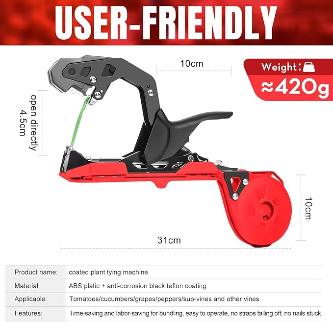 Plant Tying Machine with Green Tape, Tapener Tying Tool for Tomato, 420g Plant Tape Gun for Climbing Plants, 10000pcs Staples 20 Rolls Tape (Red)