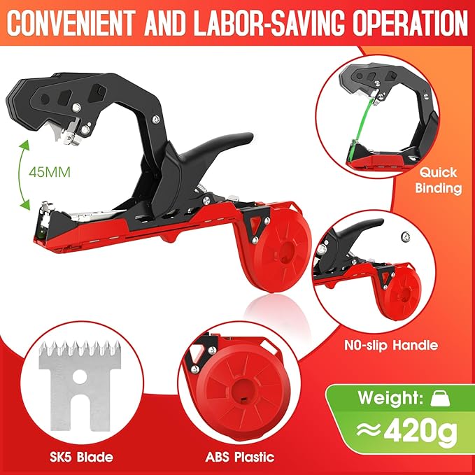 Plant Tying Machine with Green Tape, Tapener Tying Tool for Tomato, 420g Plant Tape Gun for Climbing Plants, 10000pcs Staples 20 Rolls Tape (Red)