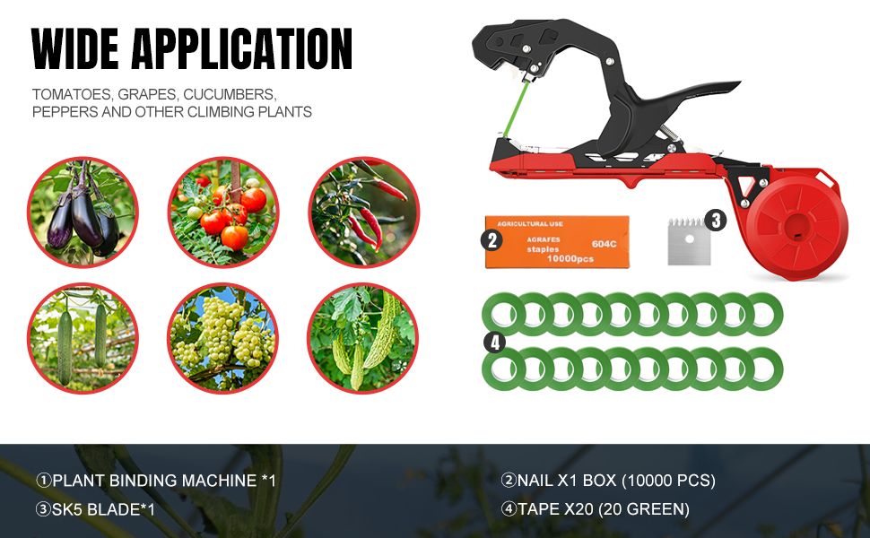 Plant Tying Machine with Green Tape, Tapener Tying Tool for Tomato, 420g Plant Tape Gun for Climbing Plants, 10000pcs Staples 20 Rolls Tape (Red)