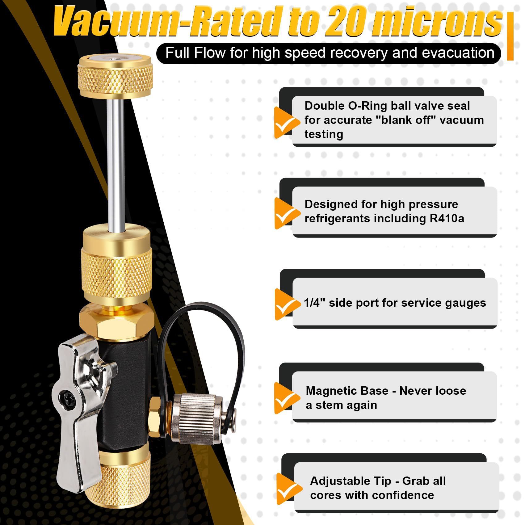 Vacuum rated valve core disassembly tool, valve disassembly tool, vacuum rated value of 20 microns