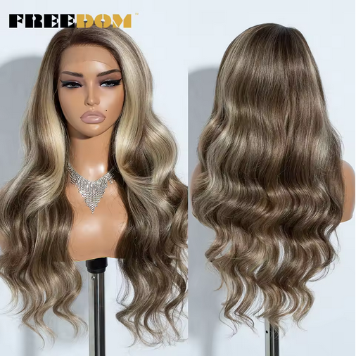 13X4 Synthetic Lace Front Wigs For Women 26" Free Part Body Wave Ombre Brown Red Lace Wigs Heat Resistant Cosplay Wig