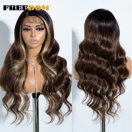 13X4 Synthetic Lace Front Wigs For Women 26" Free Part Body Wave Ombre Brown Red Lace Wigs Heat Resistant Cosplay Wig