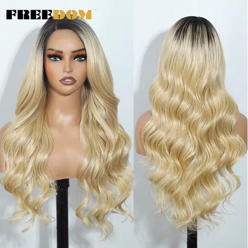 13X4 Synthetic Lace Front Wigs For Women 26" Free Part Body Wave Ombre Brown Red Lace Wigs Heat Resistant Cosplay Wig