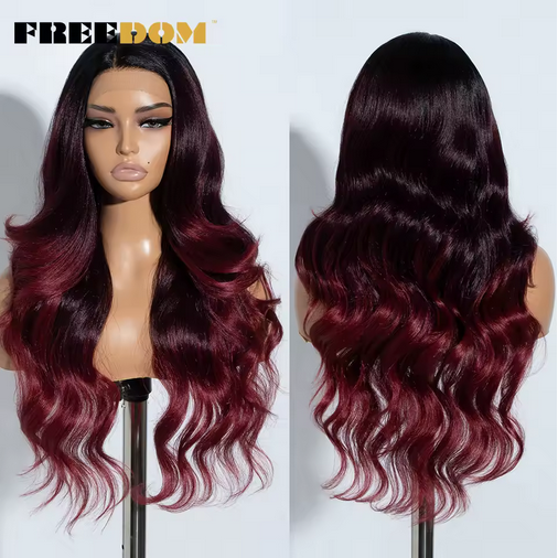 13X4 Synthetic Lace Front Wigs For Women 26" Free Part Body Wave Ombre Brown Red Lace Wigs Heat Resistant Cosplay Wig