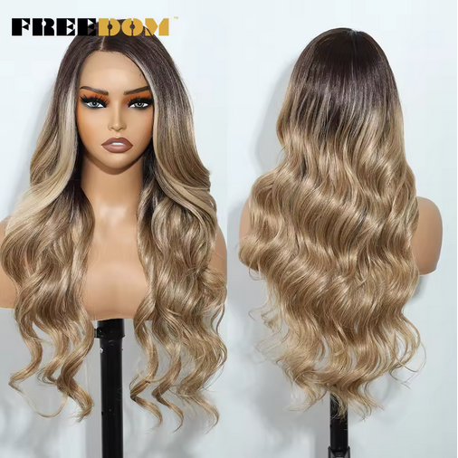 13X4 Synthetic Lace Front Wigs For Women 26" Free Part Body Wave Ombre Brown Red Lace Wigs Heat Resistant Cosplay Wig