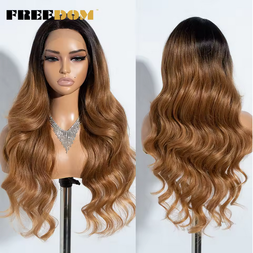 13X4 Synthetic Lace Front Wigs For Women 26" Free Part Body Wave Ombre Brown Red Lace Wigs Heat Resistant Cosplay Wig