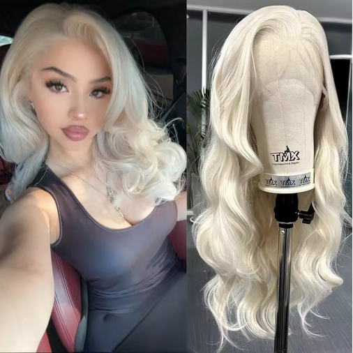 Platinum Blonde Long Wavy Synthetic Wig Free Part Loose Wave Natural Curly 13X4 Lace Front Wigs for Women Daily Party Cosplay