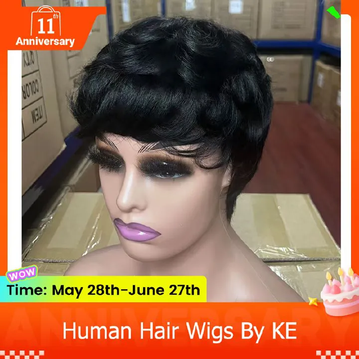 Short Pixie Cut Wig Human Hair For Black Women Machine Made Wigs With Bangs Short Wig Human Hair Wigs