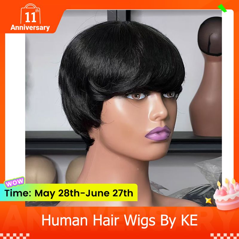 Short Pixie Cut Wig Human Hair For Black Women Machine Made Wigs With Bangs Short Wig Human Hair Wigs