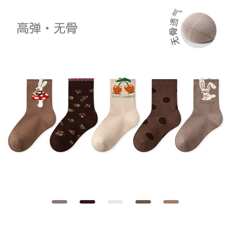 Children's socks, new style for autumn and winter, thin socks, cartoon animal baby socks, cotton, seamless, girls' socks（5 pairs）