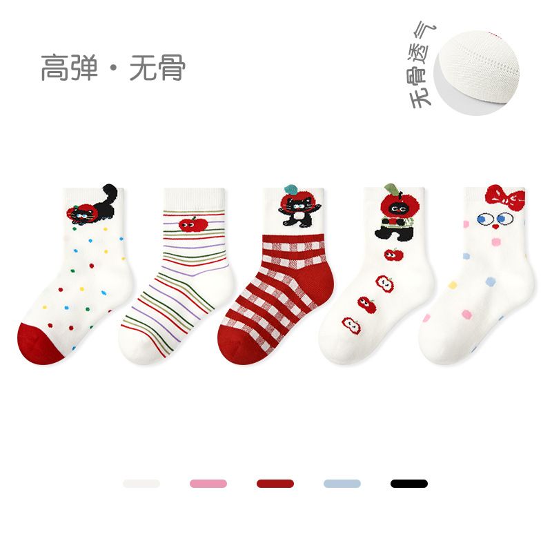 Children's socks, new style for autumn and winter, thin socks, cartoon animal baby socks, cotton, seamless, girls' socks（5 pairs）