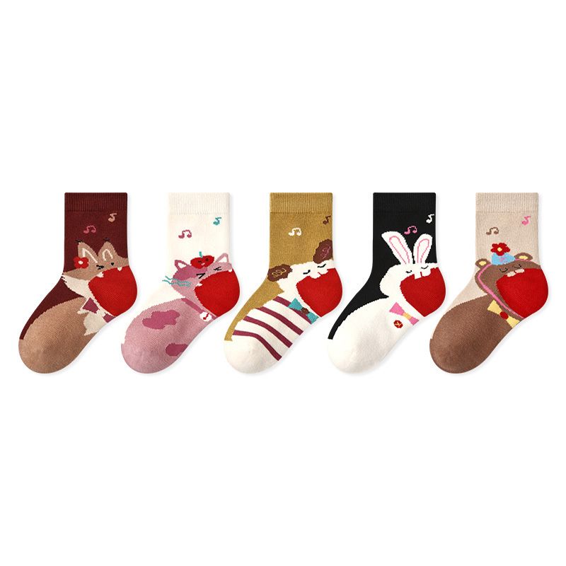 Children's socks, new style for autumn and winter, thin socks, cartoon animal baby socks, cotton, seamless, girls' socks（5 pairs）